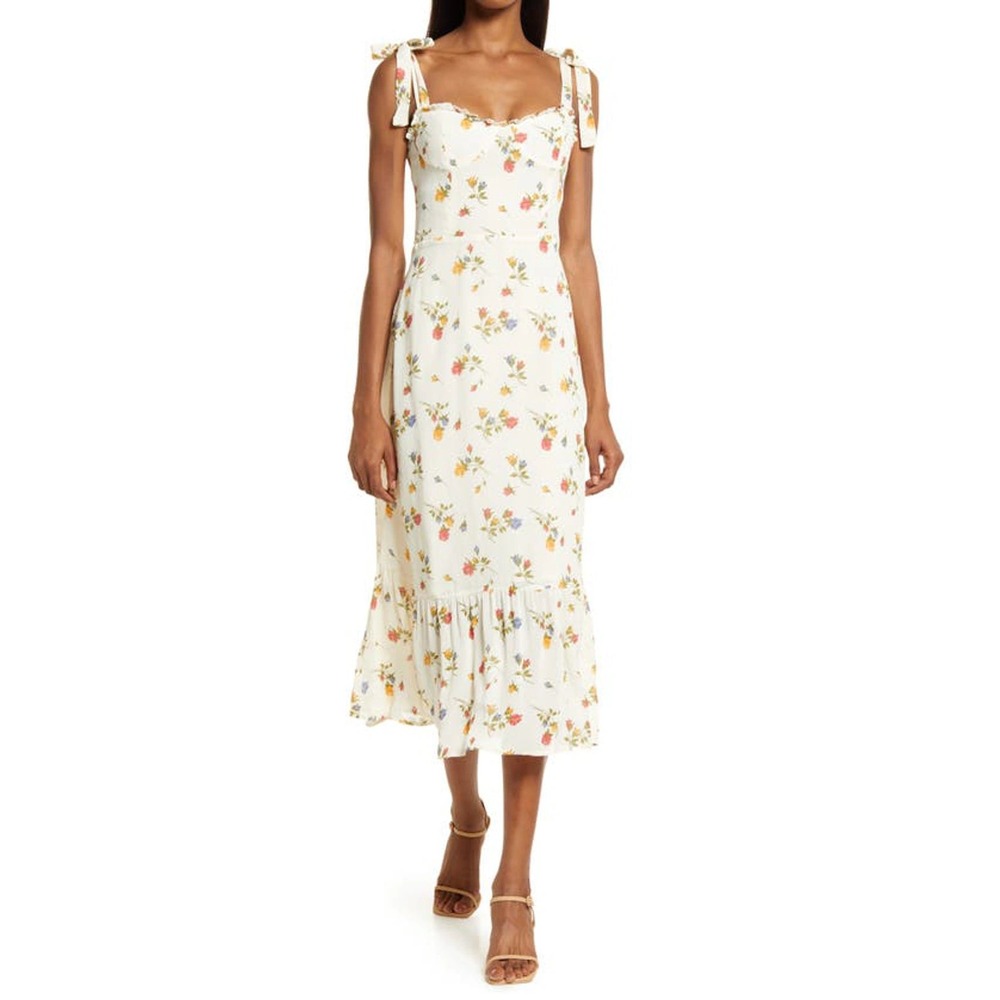 Reformation Midi Dress Women 12 Ivory Floral Nikita Tie Strap‎ Ruffle Summer